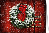 Snowy Christmas Wreath on Barn Door Wishing You Joy card
