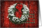 Snowy Christmas Wreath on Barn Door Wishing You Joy card