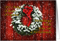 Snowy Christmas Wreath on Barn Door Wishing You Joy For Friend card