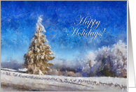 Painted Snow Scene With Tree Happy Holidays Card