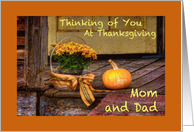 Thinking of Mom & Dad at Thanksgiving, Basket of Mums & Pumpkin card