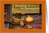 Thinking of Sis at Thanksgiving, Basket of Mums and Pumpkin on Porch card