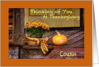 Thinking of Cousin at Thanksgiving, Basket of Mums and Pumpkin Porch card