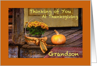 Thinking of You at Grandson at Thanksgiving, Basket of Mums, Pumpkin card