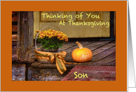 Thinking of Son at Thanksgiving, Basket of Mums, Pumpkin on Porch card