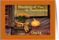 Thinking of Uncle at Thanksgiving, Basket of Mums, Pumpkin, Porch card