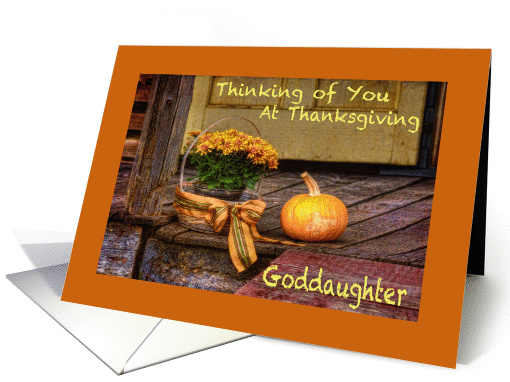 Thinking of Goddaughter at Thanksgiving, Basket of Mums, Pumpkin card