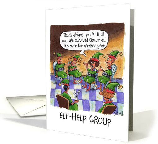 Funny Christmas With Cute Crying Elves in Elf Help Group Therapy card