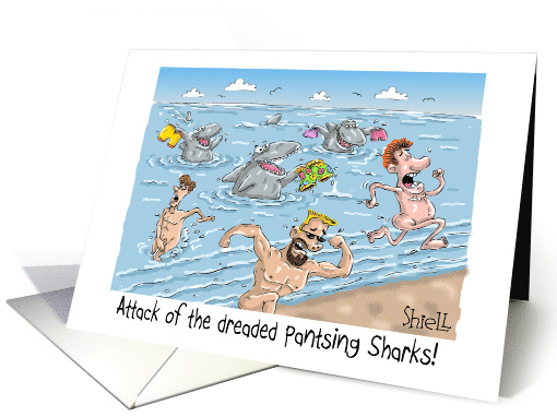 Funny Stag and Doe Invitation with Pantsing Sharks sharks card