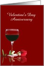 Happy Anniversary on Valentine’s Day Red Rose and Wine card