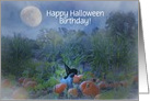 Cat and Witch Hat in Pumpkin Patch Birthday on Halloween Customizeable card