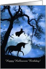 Happy Birthday on Halloween Fun Unicorn and Witch Customizable card