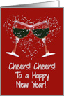 Happy New Year Toasting Wine Glasses in Snow Cheers card