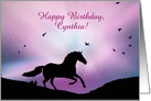 Custom Happy Birthday Name Specific Horse Running and Birds Purple Sky card