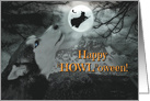 Happy Halloween Dog and Witch With Moon and Bats card