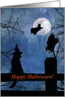 Happy Halloween Cat and Witch with Full Moon Fun card