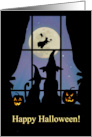 Cute Happy Halloween From Our House to Yours Cat and Dog Window Witch card