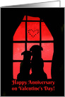 Happy Anniversary on Valentine’s Day Cute Dog Pets in Window card