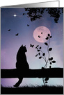 Whimsical Cat and Butterfly Thinking of You, Cute Full Moon and Star card