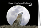 Cute Wolf and Moon Happy Halloween Birthday, Birthday on Halloween card