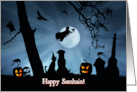Cute Dog and Cat Happy Samhain Ravens and Skull, Pagan Wicca card