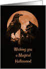 Magical Black Cats and Raven Happy Halloween Gothic with Purple Moon card