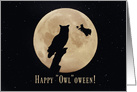 Cute Owl Witch and Cat with Moon Happy Halloween card