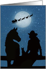 Country Western Cowgirl, Cat Horse and Santa And Sleigh at Night card