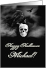 Happy Halloween Raven or Crow and Skull Custom Name card