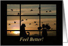 Get Well Feel Better Sweet Cat in Window with Birds and Flowers Sunset card