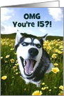 Any Age Customizable Cute Husky Dog in Flowers Happy Birthday card
