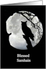 Owl and Moon with Oak Tree Celtic Samhain Blessings, Pagan Holiday card
