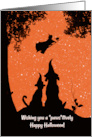 Cute Dog and Cat with Witch Happy Halloween card