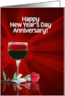 New Year’s Day Anniversary Romance Glass of Red Wine and Rose Custom card