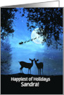 Holiday Custom Name Cute Deer in the Moonlight with Santa card