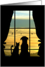 We Miss You Dog and Cat in Window at Sunset With Birds card