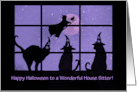 House Sitter Happy Halloween With Cats in Window and Witch Custom card