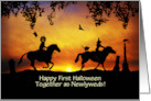 Newly Wed Happy 1st Halloween Cute with Couple Riding in Sunset Custom card