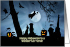 Friend Cute Custom Halloween Cat and Dog and Haunted Scene with Witch card