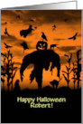 Halloween Spooky Custom Name Scarecrow and Cornfield with Witch card