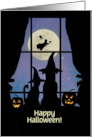 Halloween Custom Front Text with Dog and Cat in Window Cute card