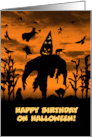 Halloween Birthday Cute Custom Scarecrow with Party Hat and Witch card