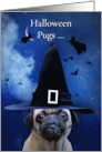 Halloween Pug with Witches and Ravens and Moon card