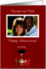 Wedding Anniversary Custom Name and Photo with Wine and Rose card