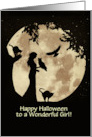 Kids Happy Halloween With Girl Owl and Cat Full Moon card