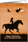 Kid Girl Happy Halloween with Pretty Girl on Horse and Witch Custom card