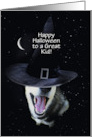 Kids Halloween with A Fun Smiling Husky Witch and Moon Customizable card