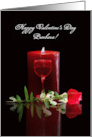 Valentines Day Card with Red Rose Candle and Wine Custom Name card