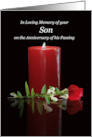 Son Remembrance on Anniversary of Death Passing Candle and Rose card