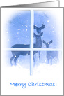 Merry Christmas Deer Family in Window with Snow Whimsical card